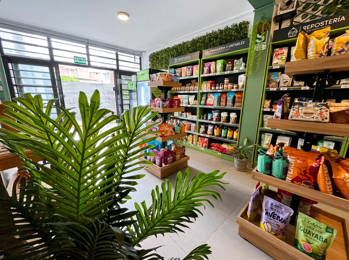 Interior de la tienda LOVEGI Plant Based en Chiclayo con plantas y estantes de productos veganos